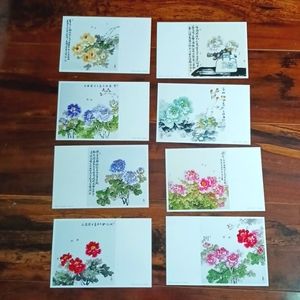 Chinese Set of 8 Postcards, Wang Xiu's Peony Painting Stamped Postcards